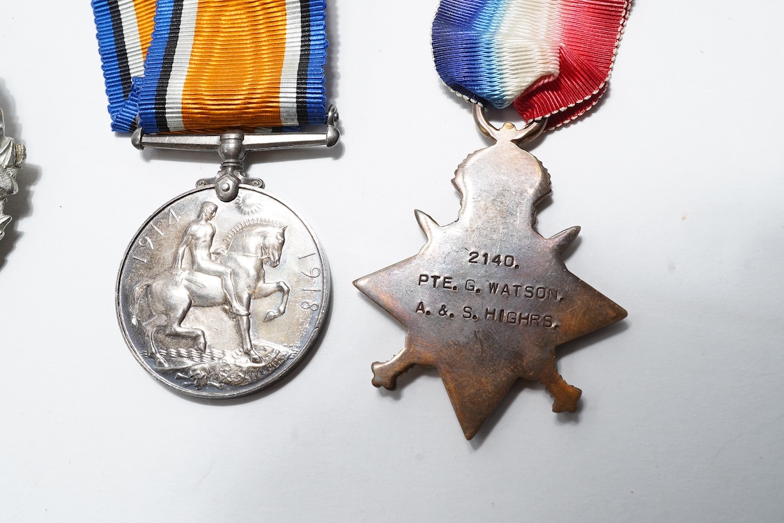 A First World War medal trio awarded to 2140 SJT. G. Watson. Argyll and Sutherland Highlanders, together with the related cap badge and two photographs of Watson in Highlanders uniform and printed as postcards